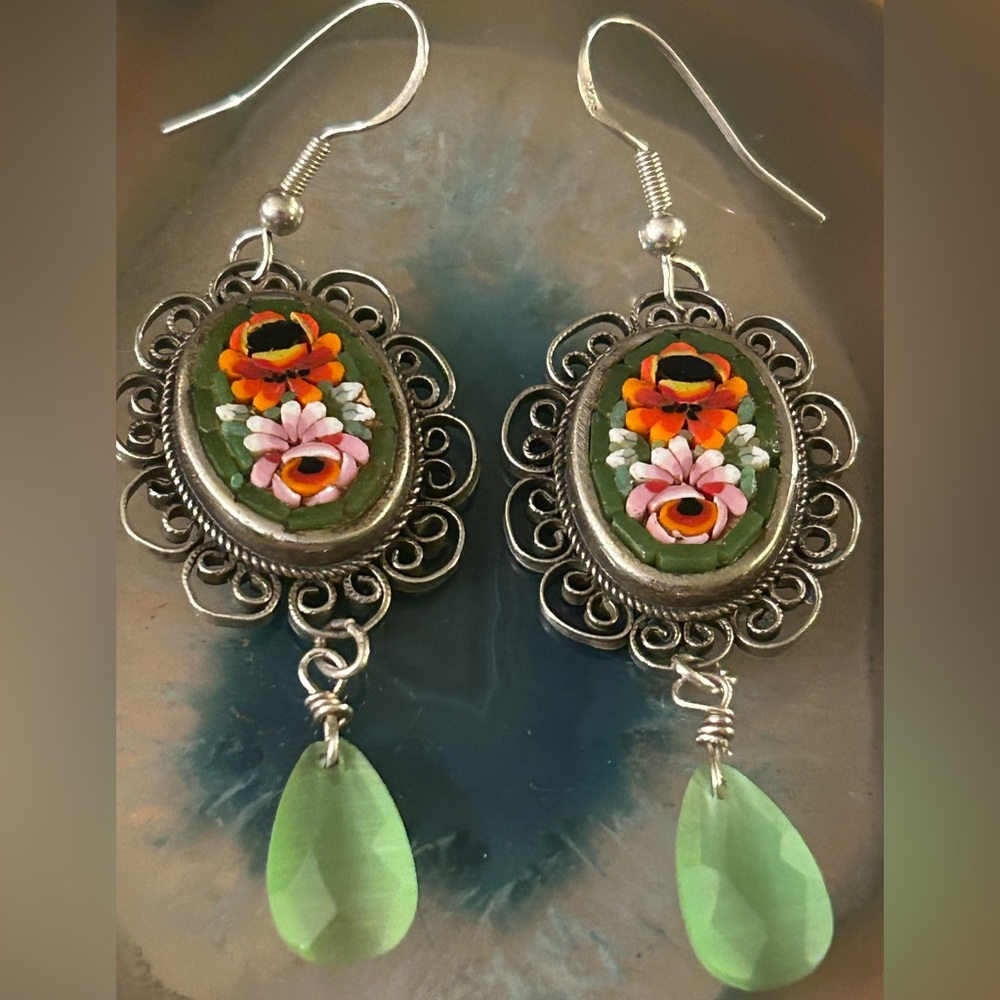 Vintage Micro Mosaic Floral Filagree Dangle Earrings with Glass Teardrops